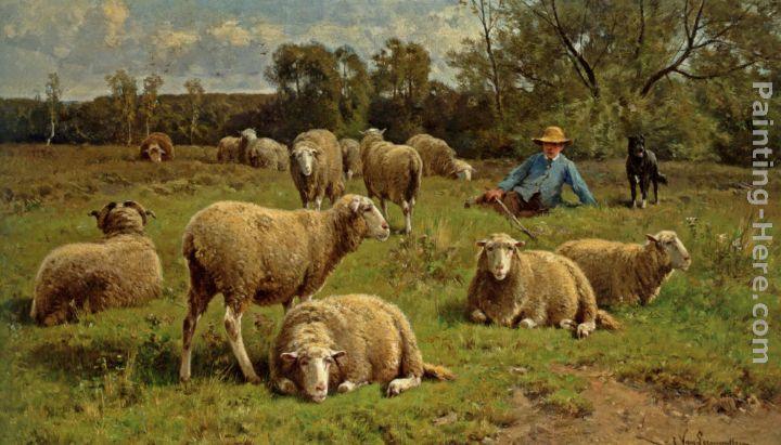 Cornelis van Leemputten A Shepherd and His Dog Guarding a Flock of Sheep